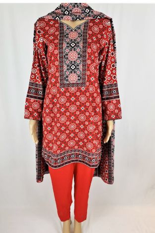 Red Traditional Ajrak Lawn Suit - 3pc