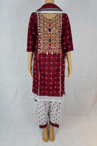 Red/Multi Traditional Ajrak Lawn Suit - Shalwar