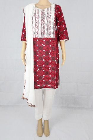 Red/White Traditional Ajrak Lawn Suit (Pearl work) Trousers
