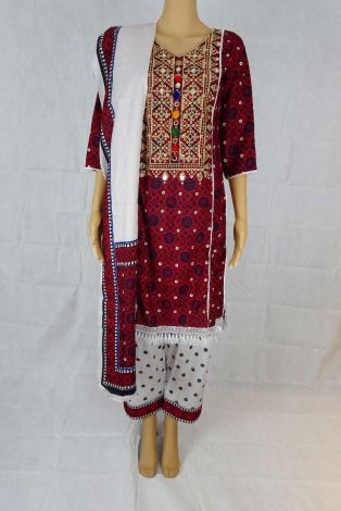 Red/Multi Traditional Ajrak Lawn Suit - Trouser