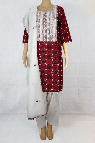 Red/White Traditional Ajrak Lawn Suit (Pearl work) Shalwar
