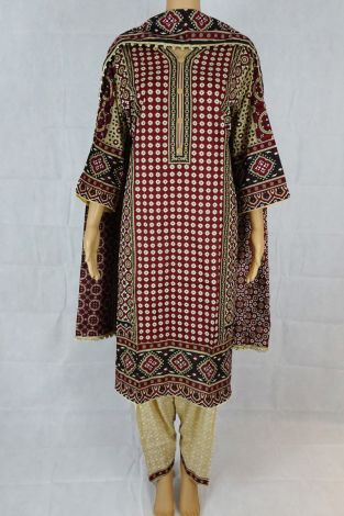 Maroon Traditional Ajrak Lawn Suit - Shalwar