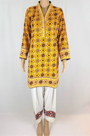 Yellow Traditional Ajrak Lawn - Kurta (with collar)